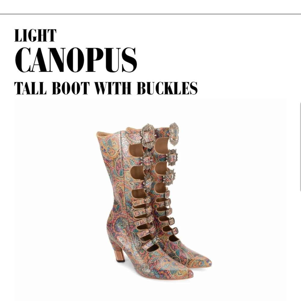 John Fluevog Tall Canopus Boots With Buckles Paisely Size 8 EUC